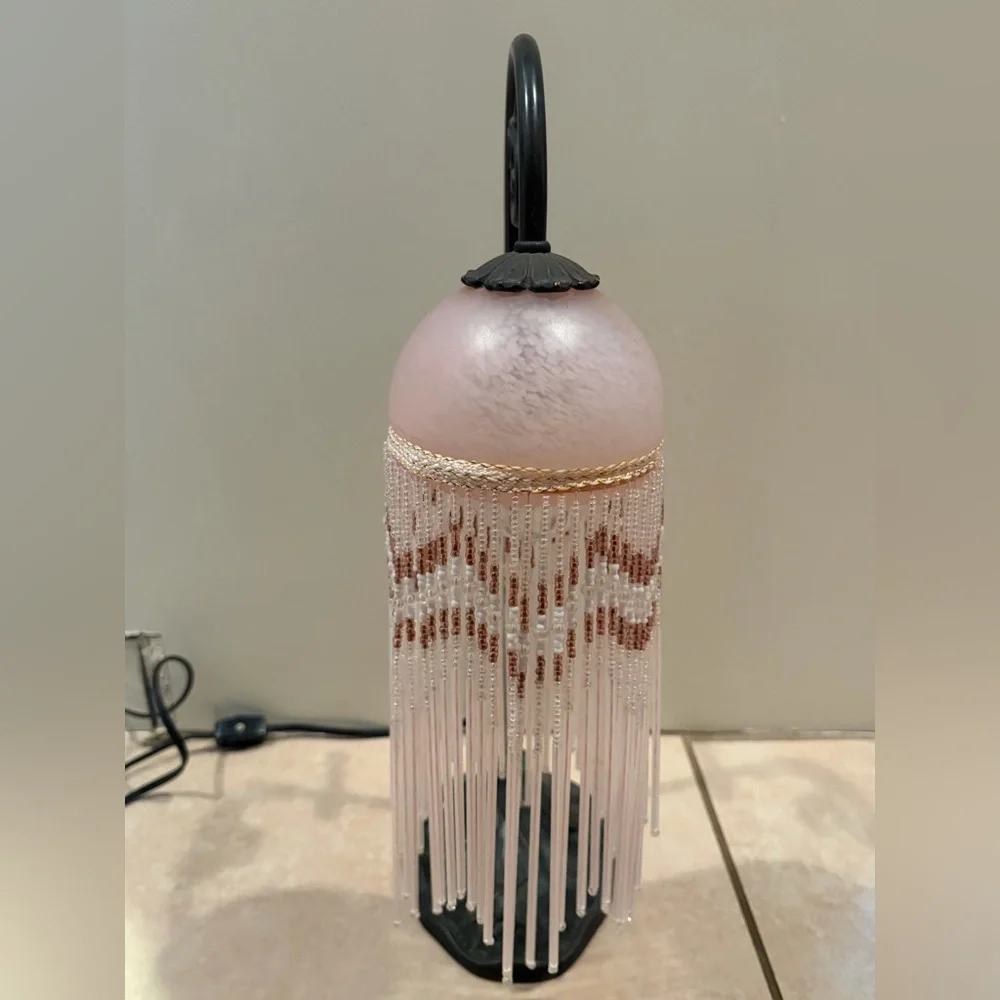 Vintage Victorian Style Beaded Glass Boudoir Table Light Lamp, Metal Leaf Base